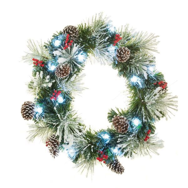 Snow Wreath with Cones and Berries with White LED Lights