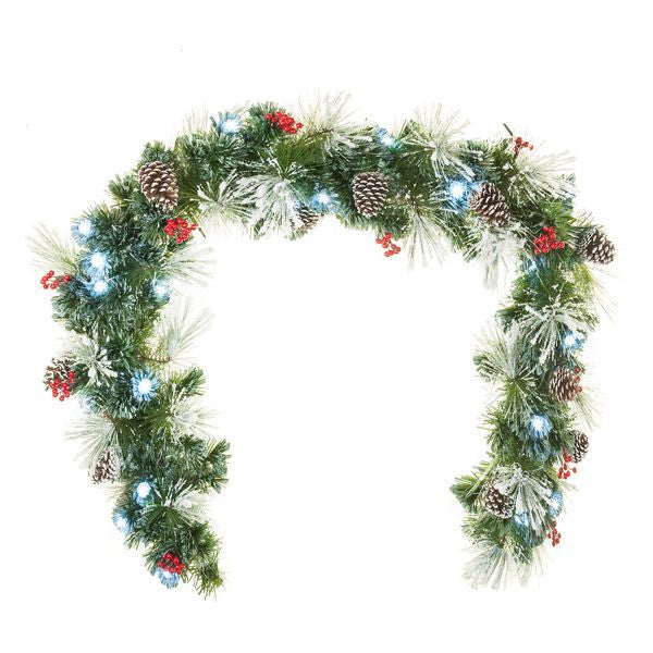 Snow Garland with Cones and Berries with White LED Lights